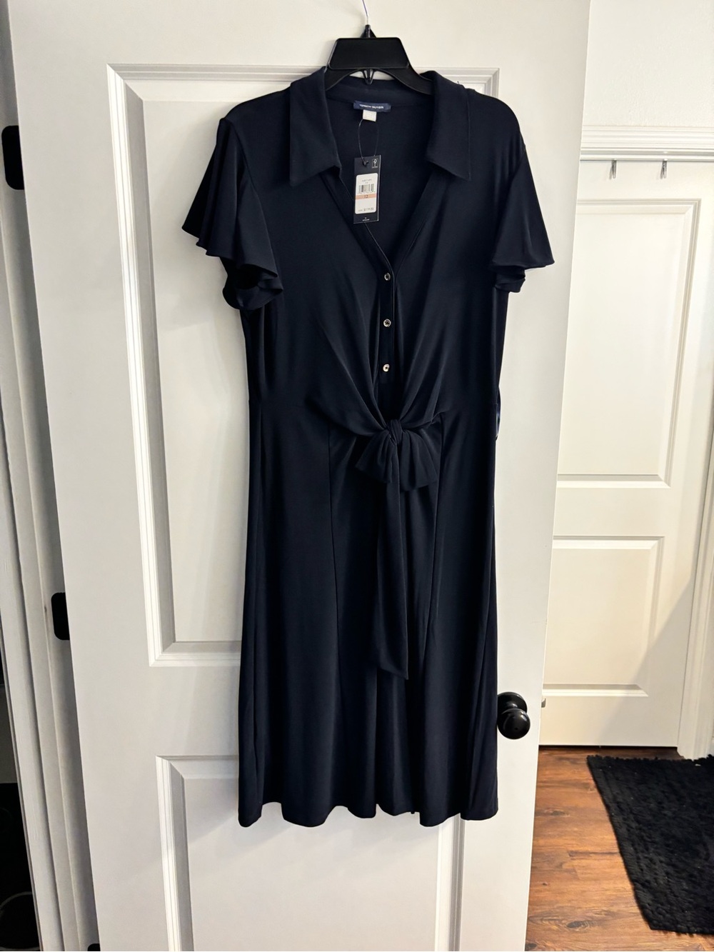 Tommy Hilfiger Navy Button-Front Tie-Waist Midi Dress